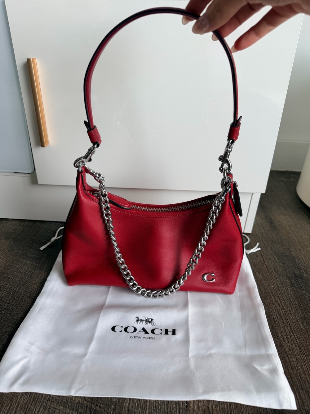 COACH Juliet  Red Leather Shoulder Bag with Silver Chain Accent - Picture 2 of 6